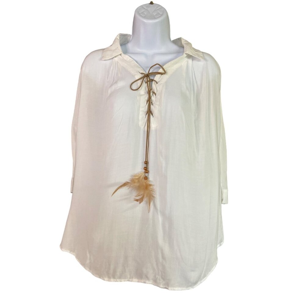 YA Los Angelas Boho Chic Peasant Blouse White Lace Up Feather Free Spirit Vibes